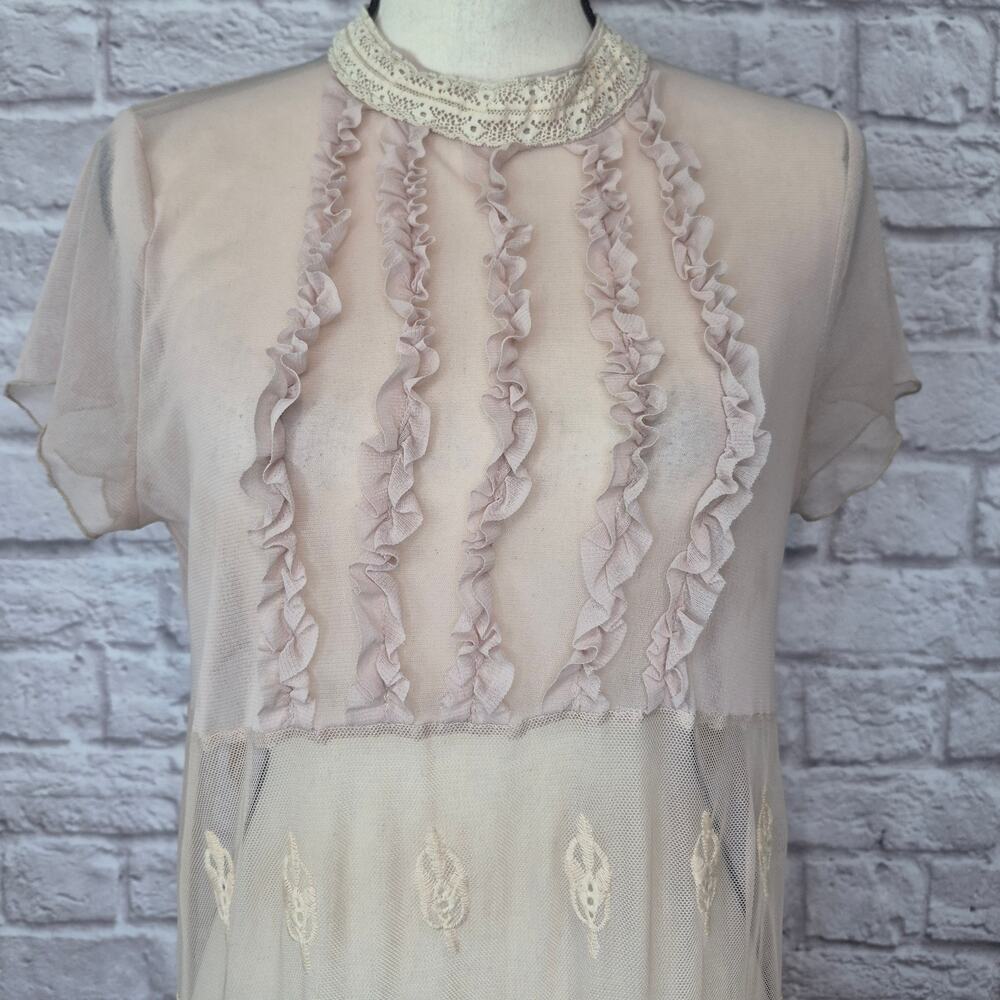 Rinascimento Beige Sheer Mesh Lace Embroidered Ruffle Mock Neck Midi Dress - Picture 4 of 10